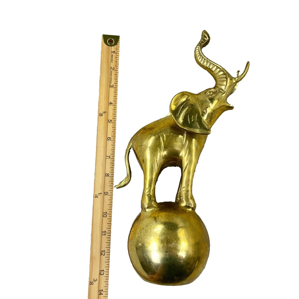 Vintage Brass Circus Elephant Figurine Balancing On Ball 13" Tall Art Deco
